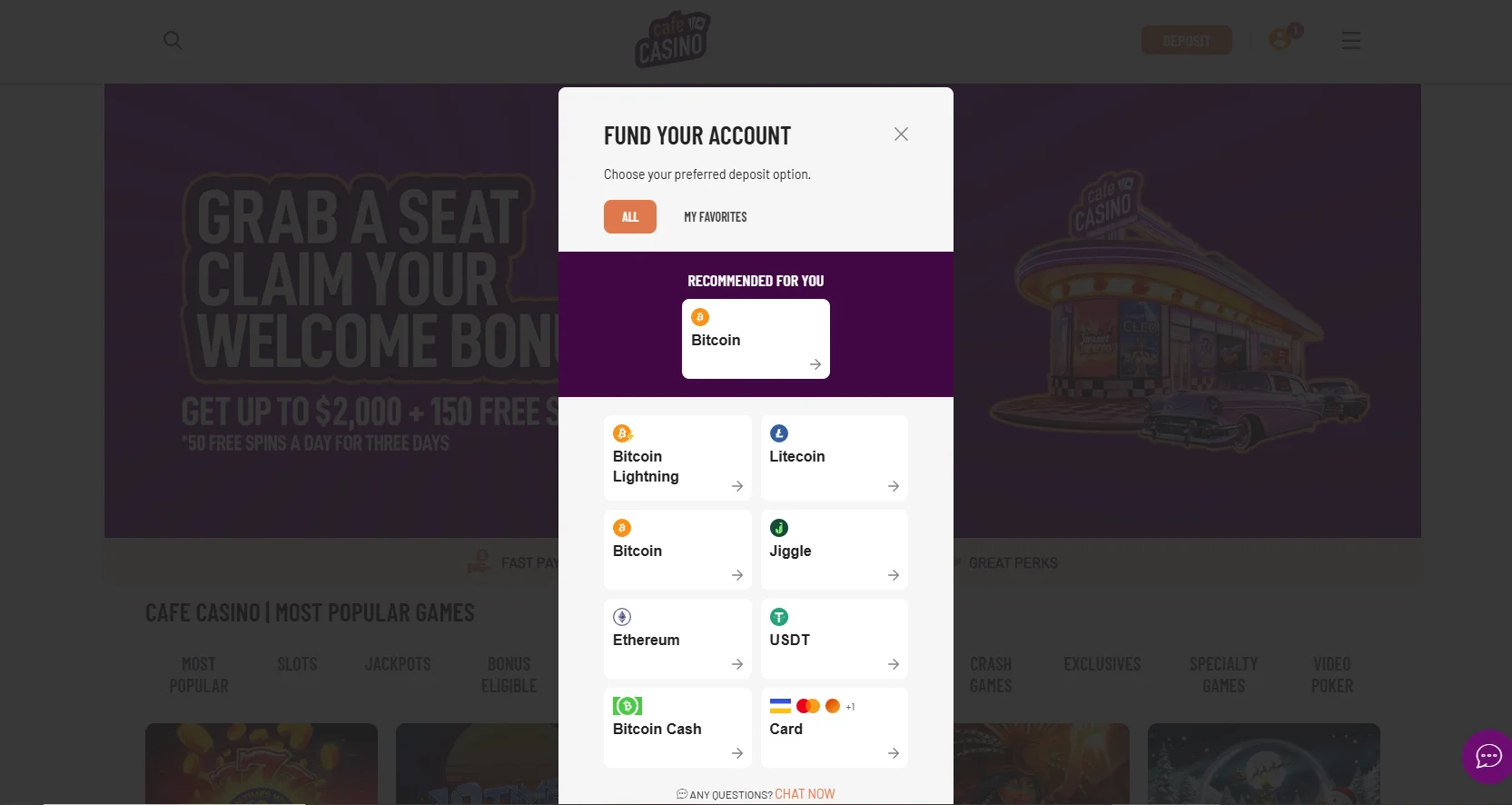 Cafe Casino crypto withdrawal interface showing Bitcoin payout options for offshore online casino users