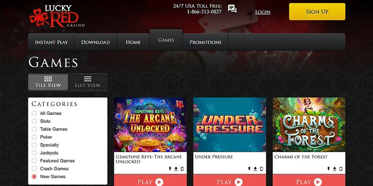 Lucky Red Casino games lobby showing RTG slots and table games at this offshore online casino
