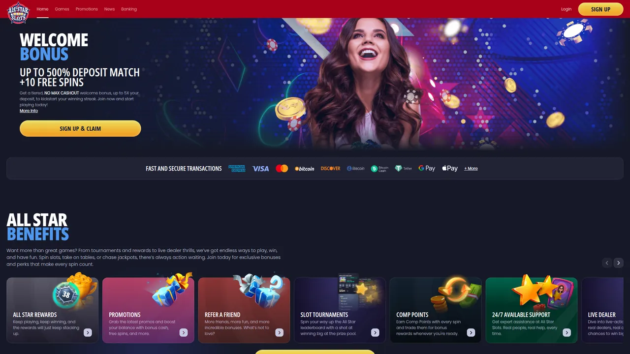 All Star Slots real money casino homepage with bonus offers and game lobby