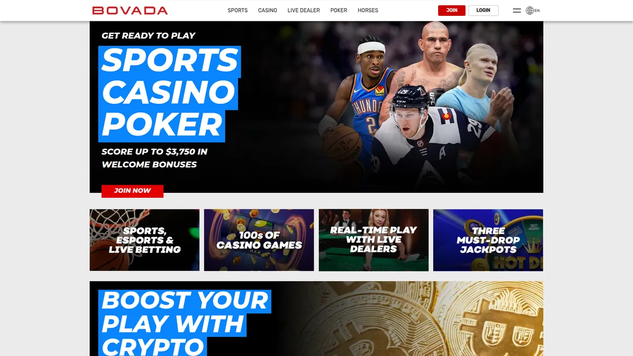 Bovada real money casino homepage with bonus offers and game lobby