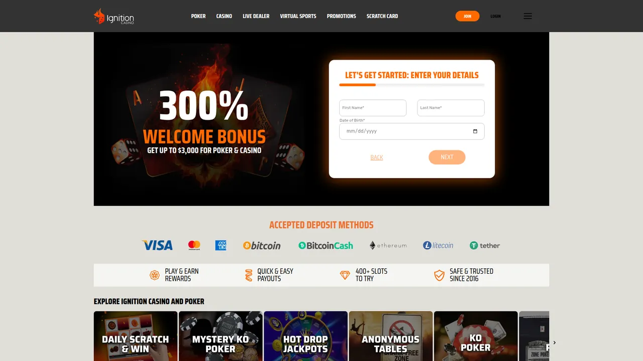 Ignition Casino real money casino homepage with bonus offers and game lobby