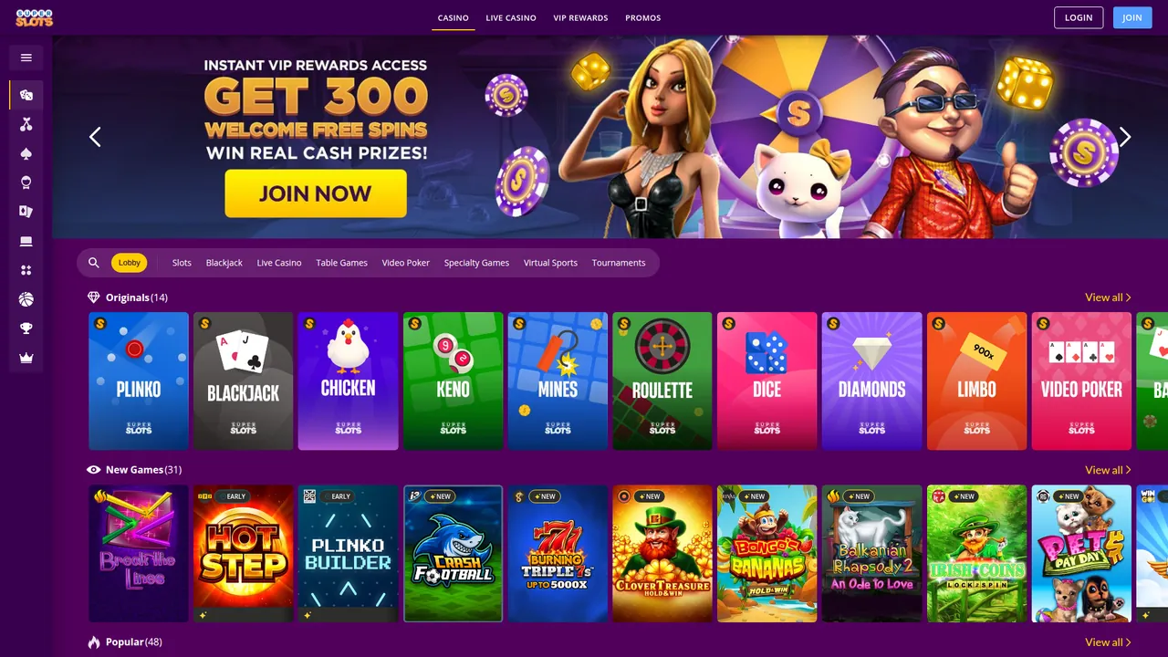Super Slots real money casino homepage with bonus offers and game lobby