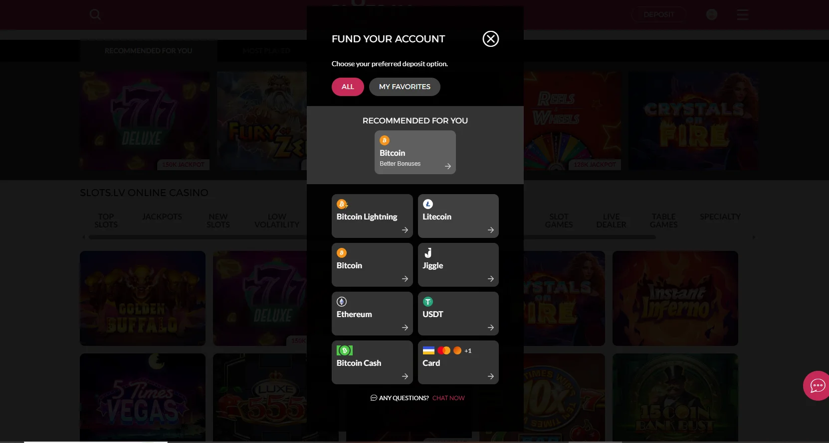 Slots.lv cashier showing fast payout options including crypto for offshore online casino withdrawals