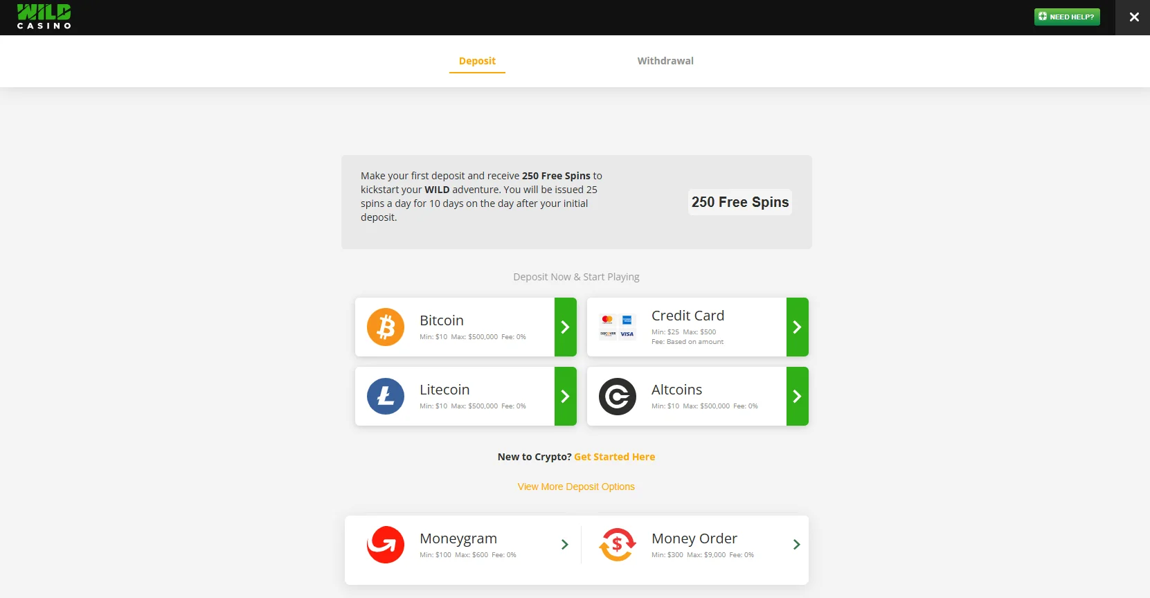 Wild Casino withdrawal page with 18 cryptocurrency options for offshore online casino payouts